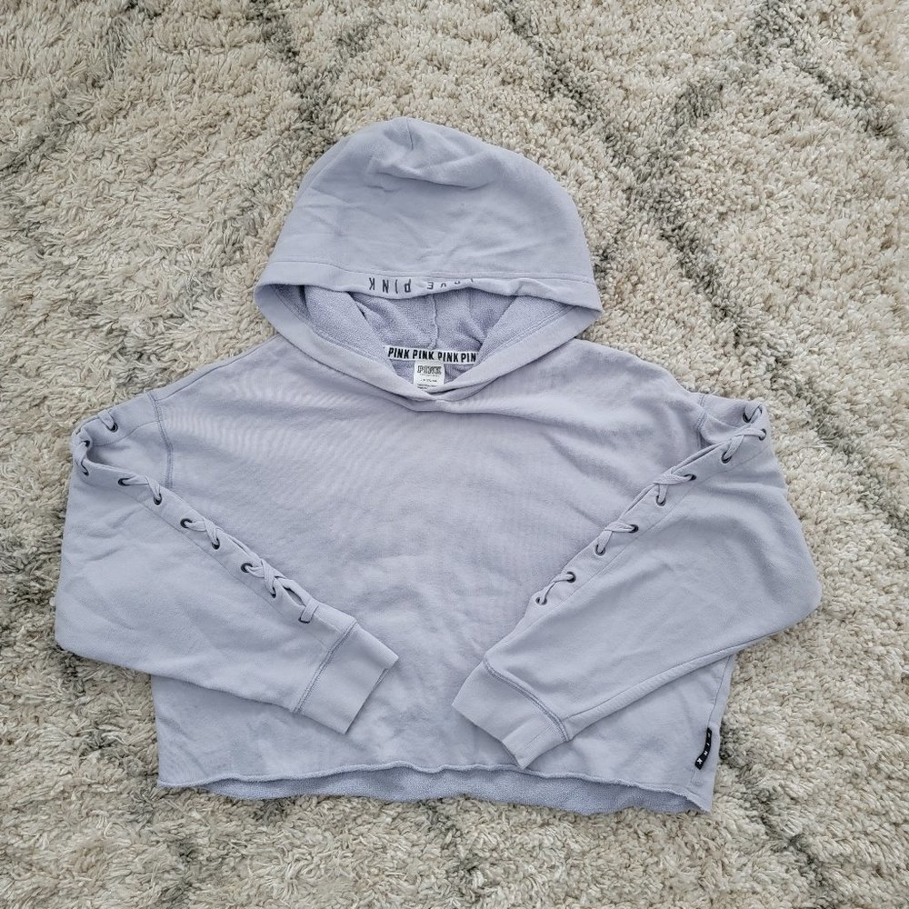 PINK Victorias Secret WELL LOVED Cropped Hoodie Laced Up Sleeve detail Sz L